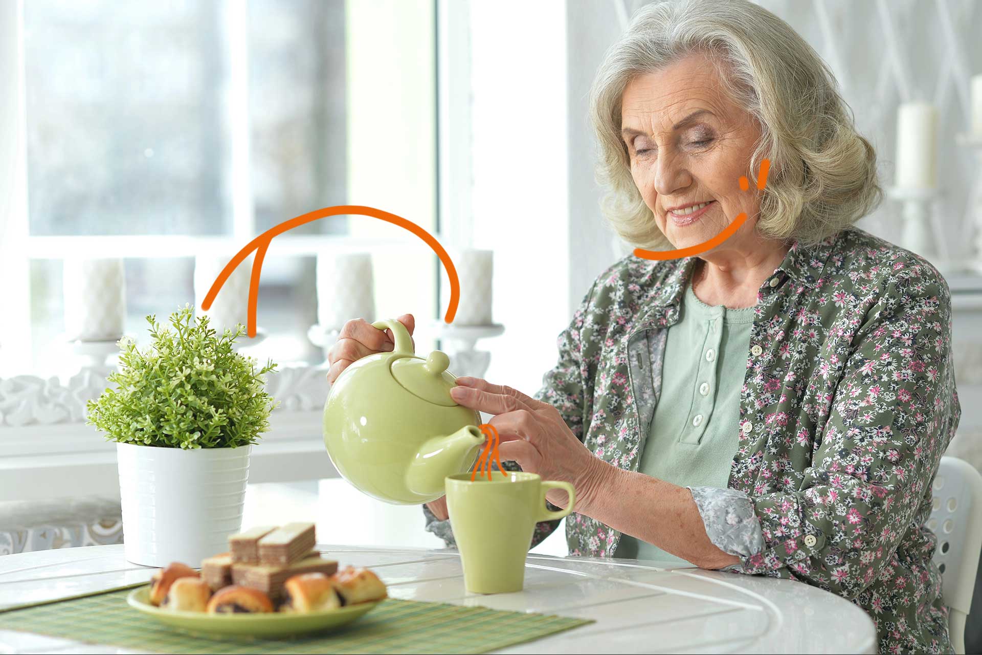senior qui se verse une tasse de thé